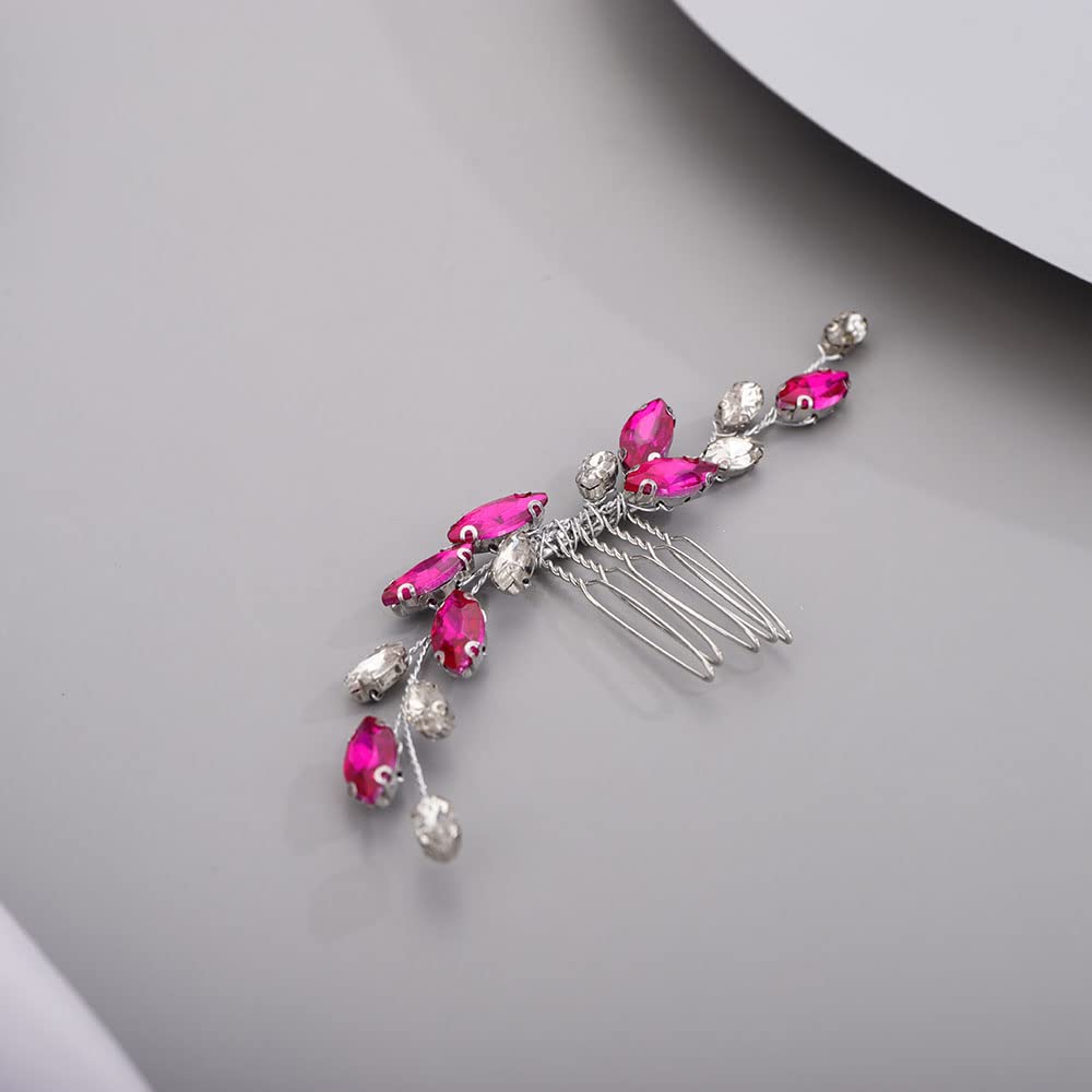 Chargances Bridal Rhinestone Hair Comb Wedding Rose Red Crystal Hair Vine Comb Vintage Handmade Hair Accessories for Bridesmaid Prom Flower Girls (Rose Red)