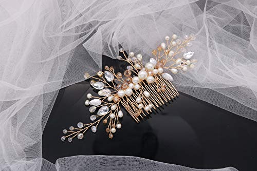 Kercisbeauty Wedding Bridal Bridesmaids Flower Girl Crystal and Pearl Side Hair Comb Slide Headpiece Long Curly Bun Hair Accessories for Prom (Gold)