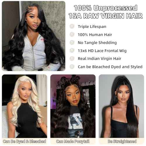 13x6 Body Wave Lace Front Wigs Human Hair Wig 15A Raw 250 Density Indian HD Lace Frontal Human Hair Wigs for Women (26 Inch)