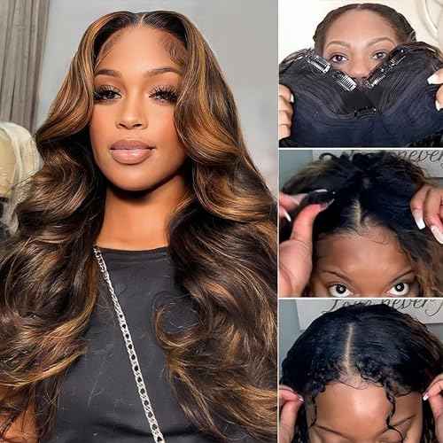 U Part Human Hair Wig Body Wave Highlight #1b/30 Ombre Brown Wig 180% Density U Part Wig Half Brazilian Virgin 100% Human Hair Wigs For Black Women Clip In Glueless No Leave Out Wig 18Inch
