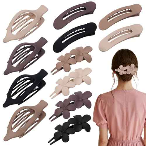12 Pack Flat Hair Clips Set for Women ?Matte Neutral Claw Clips, Flat Barrettes & Flower Hair Pins in Black, Blonde,Light Brown & Dark Brown, Strong Hold Styling Accessories for Thick & Thin Hair
