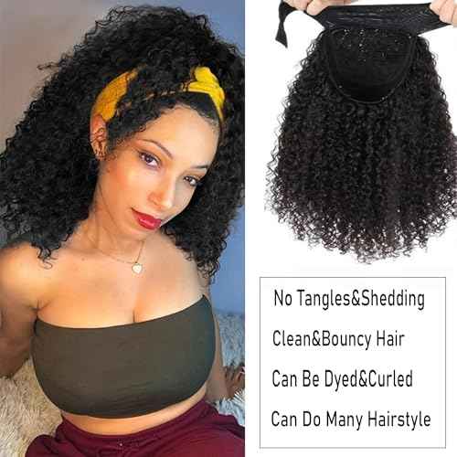 Headband Wig Human Hair Kinky Curly Headband Wigs for Black Women Human Hair Headband Wig Curly Human Hair Wigs Brazilian Virgin Hair Wear and Go Glueless Wig Natural Color 150% Density 14 Inch