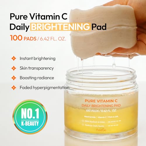 FreeGo Pure Vitamin C Daily Brightening Pad (100 Pads), K-Beauty Korean Skincare Facial Toner Pads for Uneven Hyperpigmented Skin, Instant Brightening & Transparency, Korean Skin Care for Dark Spots