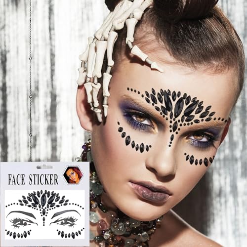 Red and Black Rhinestone Face Gems ? Self-Adhesive Crystal Tattoo Stickers for Halloween, Day of the Dead, Carnival, Party, Festival Makeup ? Eye, Body, Face Jewels for Women Girls-2 Sheets