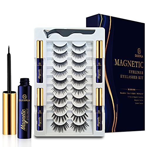 DUOERLA Magnetic Eyelashes,10 Pairs Magnetic Lashes Natural Looking with Applicator and 4 Tubes of Waterproof Magnetic Eyeliner, [Upgraded] Reusable,Strong Hold,Lightweight, Cruelty-Free,Easy to Apply