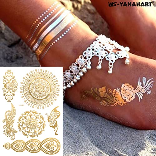 Gold Henna Temporary Tattoos 6 Sheets Waterproof Stickers
