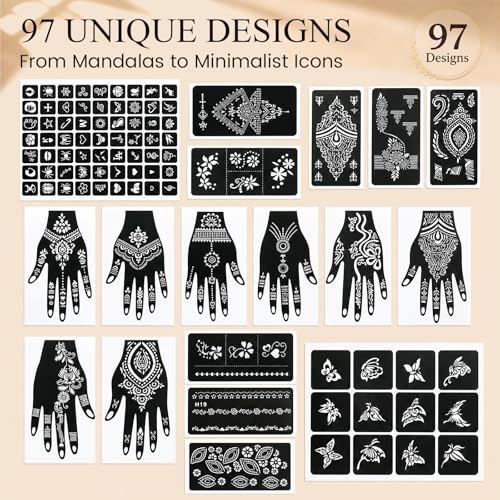 Henna Tattoo Stencil Kit - 97 Designs, 18 Reusable Sheets