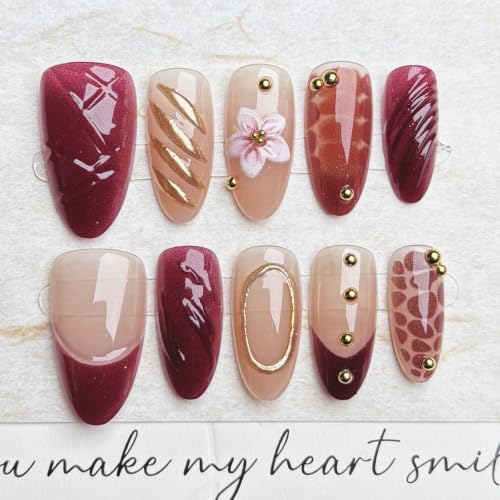 Medium Almond Press On Nails - Fall Burgundy with Gold Beads | 30 Pcs