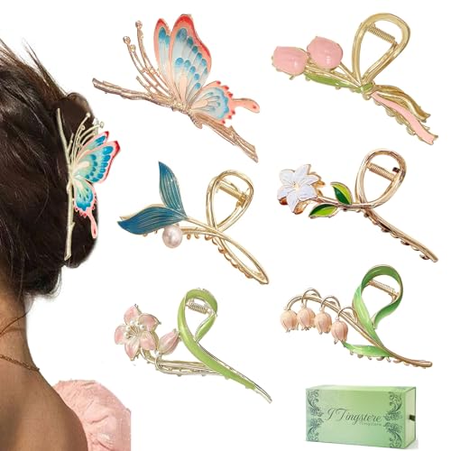 6Pcs Women's Large Non-Slip Strong Metal Hair Clips: Butterfly, Flower, Mermaid Sparkly Jaw Claws for Thick Hair