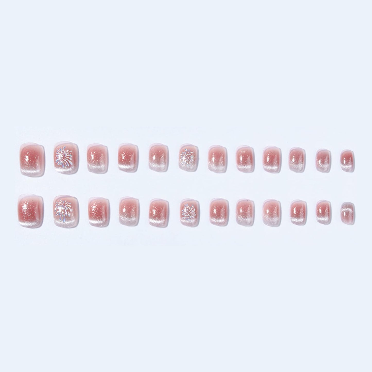 SINHOT Square Press on Nails Short Squoval Fake Nails Glossy Glue on Nails Pink Cat Eye Acrylic Nails Gold Glitter Arificial Nails Stick on False Nails with Fireworks Design 24 pcs