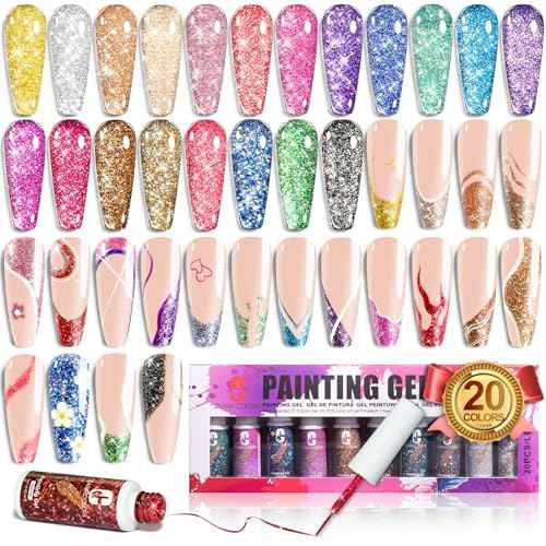 Clara Colors Glitter Gel Polish Set for Winter, 20 Color Nail Art Set - Red, Yellow Gel Polish for Swirl, French Tip Painting Designs - Built-In Nail Art Brush