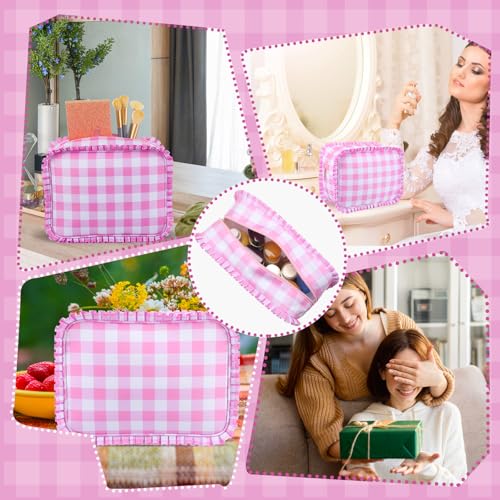 Large Pink Gingham Ruffle Makeup Bag - Stylish Travel Organizer