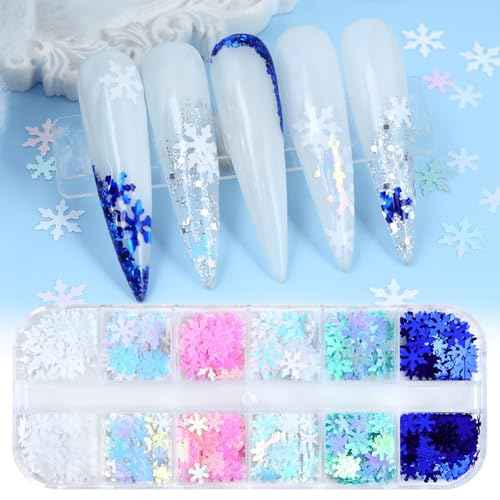 12 Grids Christmas Nail Art Glitter Sequins 3D Holographic Winter Snowflake Nail Art Glitter Flakes White Blue Pink Green Snowflake Designs Xmas Nail Decorations for Acrylic Nails Supplies
