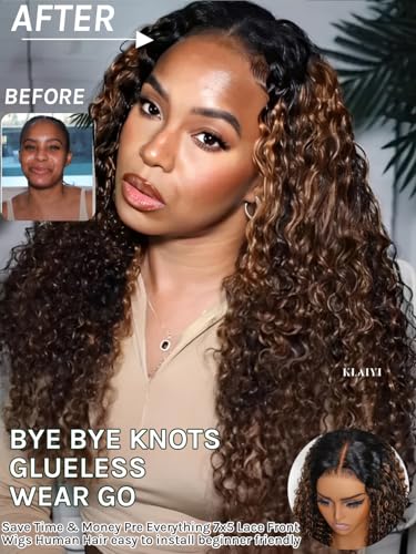 KLAIYI Ombre Brown Water Wave Glueless Wig 26 Inch Human Hair