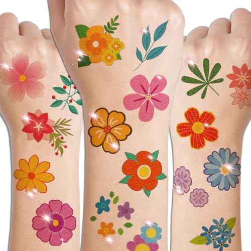 Glitter Flower Temporary Tattoos for Girls - 74 Individually Sheets | Waterproof & Easy Peel | Kids Birthday Party Favors, Flower Theme Decorations