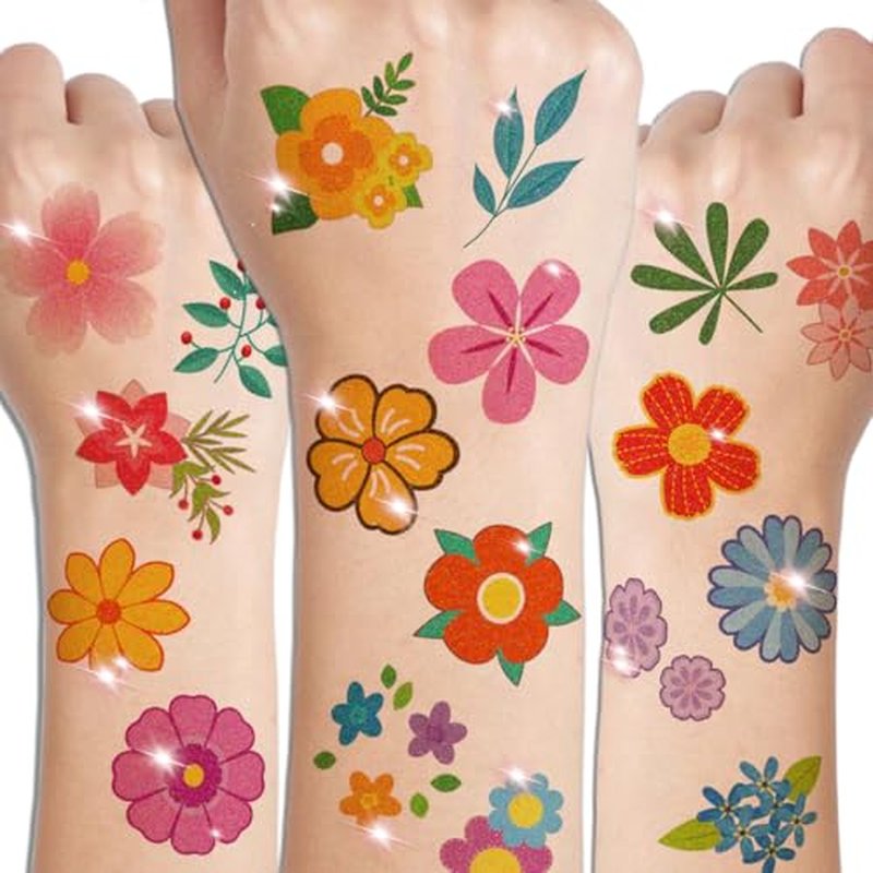 CHARLENT Glitter Flower Temporary Tattoos - 74 Sheets for Kids