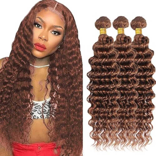 AuokMar #30 Brown Deep Wave Human Hair 3 Bundle Pack