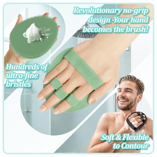 Silicone Back/Body/Face Scrubber & Soft Bath Glove Set 4PCS, Gentle Exfoliating Back & Body Scrubber with Dual-Side Brush Head, Hand-fit Bath Glove & Face Scrubber for Deep Cleaning(Green-4PC)