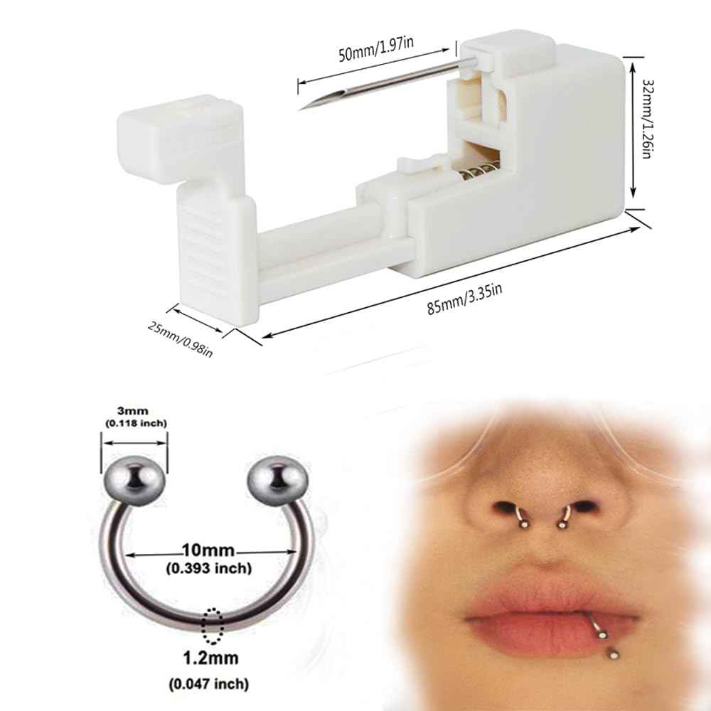 AM RONG MAGIC Professional Body Piercing Kit for Septum/Nose, Self Nose Piercing Gun ,Safe Piercing Gun Kits, Self Nose Piercing Needle Tool Kits Stainless Steel for Women Men ﻿ (white- septum piercing kit)
