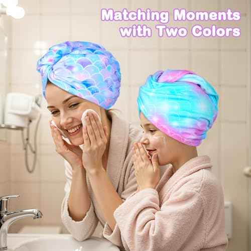 FIOBEE Microfiber Hair Towel Wrap for Kids Rapid Drying Turbans for Wet Hair with Button Women & Girls Long, Curly Hair Pack of 2, Purple/Green Mermaid