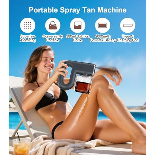 Spray Tan Machine, Strong Spray Level Even Atomization- Adjustable 3 Different Strength Spray Levels - Portable & Rechargeable Cordless Spray Tan Gun for Self Tanning Travel Beach Salon Home Use Grey