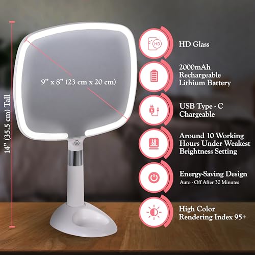 Lighted Handheld Mirror with Stand, 9" Rechargeable Makeup Mirror