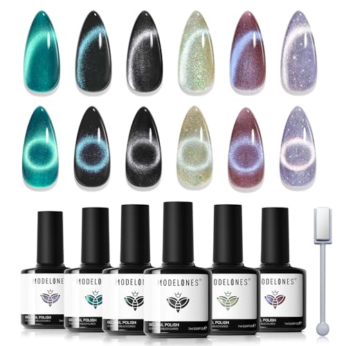 Modelones Cat Eye Gel Nail Polish Set A-Iridescent Magnetic 6 Colors, 7ml each (Variation: A-Iridescent Cat Eye-1)