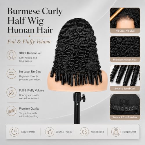 Ali Grace Burmese Curly Half Wig 20 Inch Human Hair Natural Black