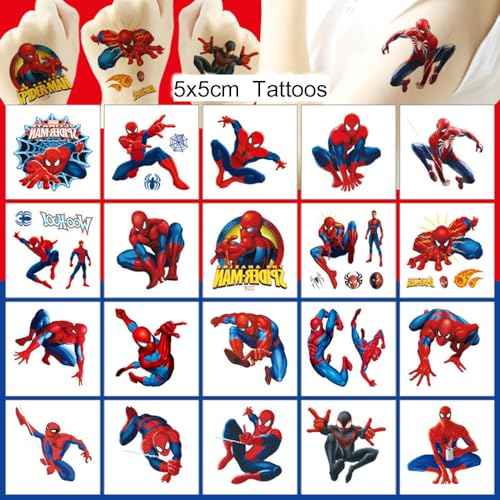 20pcs Spiderman Temporary Tattoos for Kids, Cool Birthday Party Favors, Cute Cartoon Decoration Sticker Gifts for Girl Boys Home Activity Class Prizes Carnival Christmas Rewards