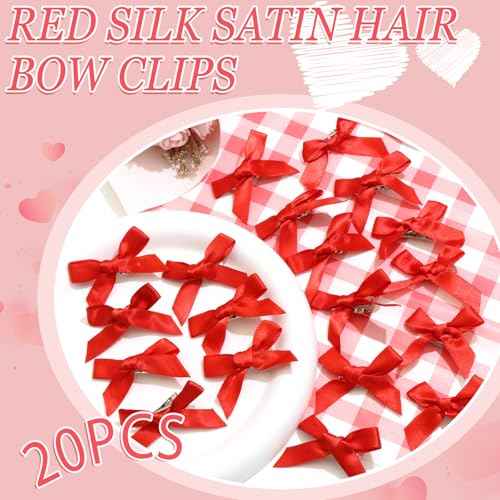 20PCS Red Mini Hair Bows Small Bow Hair Clips Cute Bowknot Silk Ribbons for Girls Christmas Sweet Bows for Hair Non Slip Hair Barrettes Bowknot Hair Clips Accessories for Women and Girls