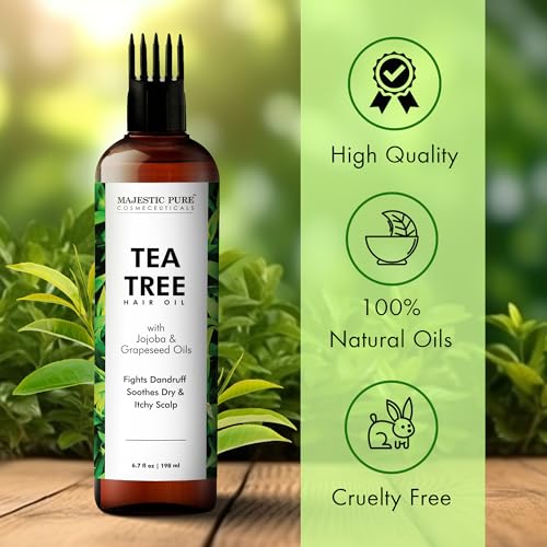 MAJESTIC PURE Tea Tree Oil for Hair | With Argan, Jojoba & Grapeseed Oils | Soothes Itchy Scalp & Fights Dandruff | Non GMO Verified | 6.7 fl oz