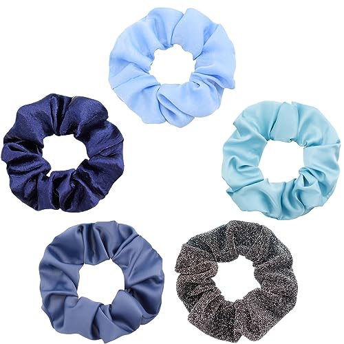 BEGOOD Scrunchies for Women's Hair Scrunchies Hair Scrunchy Elastic Hair Ties Hair Scrunchie Bobbles Hair Bands Ponytail Holder Hair Accessories 5Pcs Blue Set