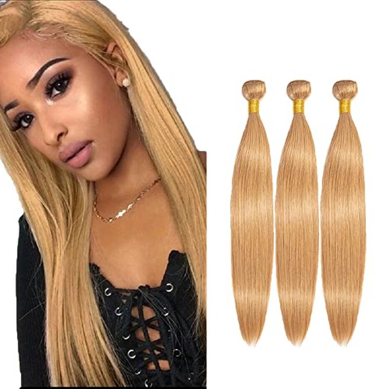 #27 Honey Blonde Straight Human Hair Bundles - 3 Pack, 12-16 Inch