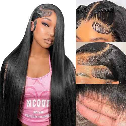 32 Inch Straight Wigs Human Hair 13x6 Lace Front Wigs Human Hair Pre Plucked 200 Density HD Transparent Straight Lace Frontal Wigs for Women Glueless Wigs Human Hair Natural Color