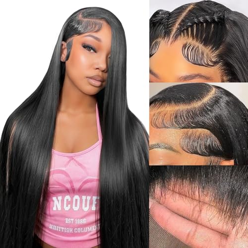 Vorynix 32 Inch Natural Black Human Hair Lace Front Wig 13x6 HD Transparent, Pre-Plucked, 200% Density, Glueless, Straight Style