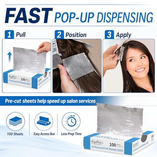 ForPro Professional Embossed Pop-Up Hair Foil Sheets, 5 x 10.75 in, 100 Count, Pre-Cut Aluminum Foils