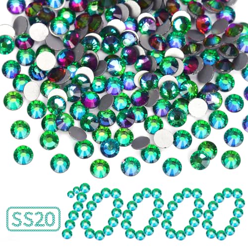 10000PCS Green Volcano Rhinestones Bulk, Flat Back Crystal Glass Stone Round Gems,SS20, 4.6-4.8mm