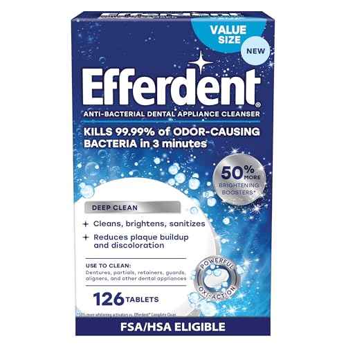 Efferdent Denture Cleaner Tablets ? Deep Clean Brightening for Dental Appliances, Aligners, Mouth Guard, and Retainer Cleaner Tablets, Complete Clean, 126 Count