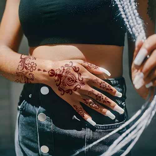 Henna Tattoo 12 Sheets Red Brown Henna Mehndi Temporary Tattoos for Women and Teen Girl, Waterproof Realistic Fake Tattoos for Wedding Beach Rave Festival Party Makeup Body Paint Parties Friends etc