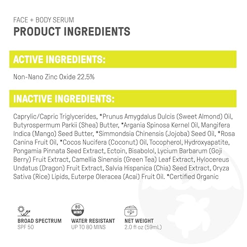 Raw Elements Face + Body Serum SPF 50 All-Natural Mineral Sunscreen - Reef Safe, Water Resistant, Broad Spectrum UVA/UVB Protection, Safe For All Ages, Travel Size 2oz (Pack of 2)