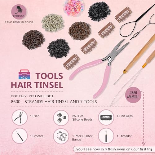 Hair Tinsel Kit 18 Colors 8600 Strands with Tools