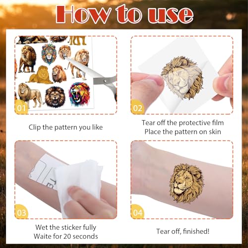 Lion Temporary Tattoo Stickers for Kids, 8 Sheets