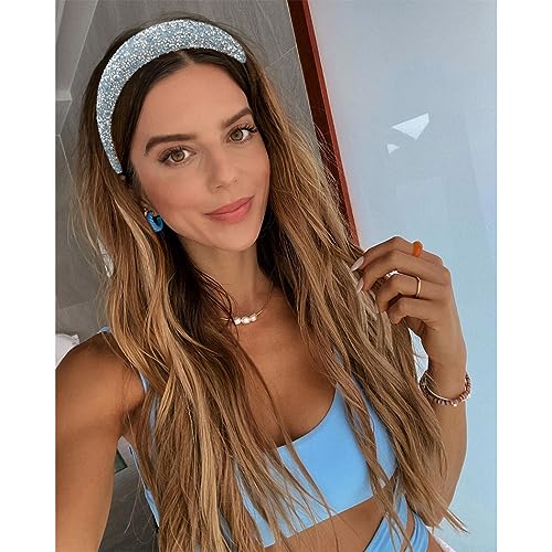 Sinalty Rhinestone Wide Headbands Bling Crystal Beaded Headband Blue Padded Hairbands Handmade Fashionable Bling Prom Hair Accessories for Women (Blue)