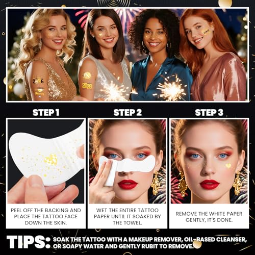 Cerlaza New Years Eve Party Supplies 2026, 40 Pcs Glitter Gold Freckles Face Temporary Tattoo, Happy New Year's Eve Decorations Nye Party Favors Accessories Gifts 2026 for Women