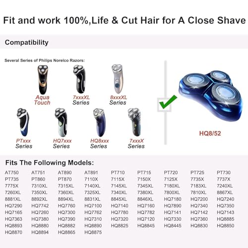 HQ8 Replacement Heads Compatible with Philips Norelco Shaver, Blade for AT880, PT720, PT740, New Upgraded 3-pc Pack