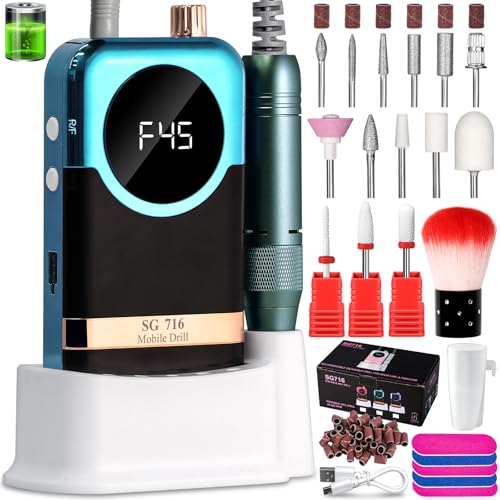 LIMEGIRL Professional Electric Nail Drill Kit 45000RPM Portable Cordless Toenail Cordless Toenail Machine with 14 Drill Bits and Base for Women (Green)