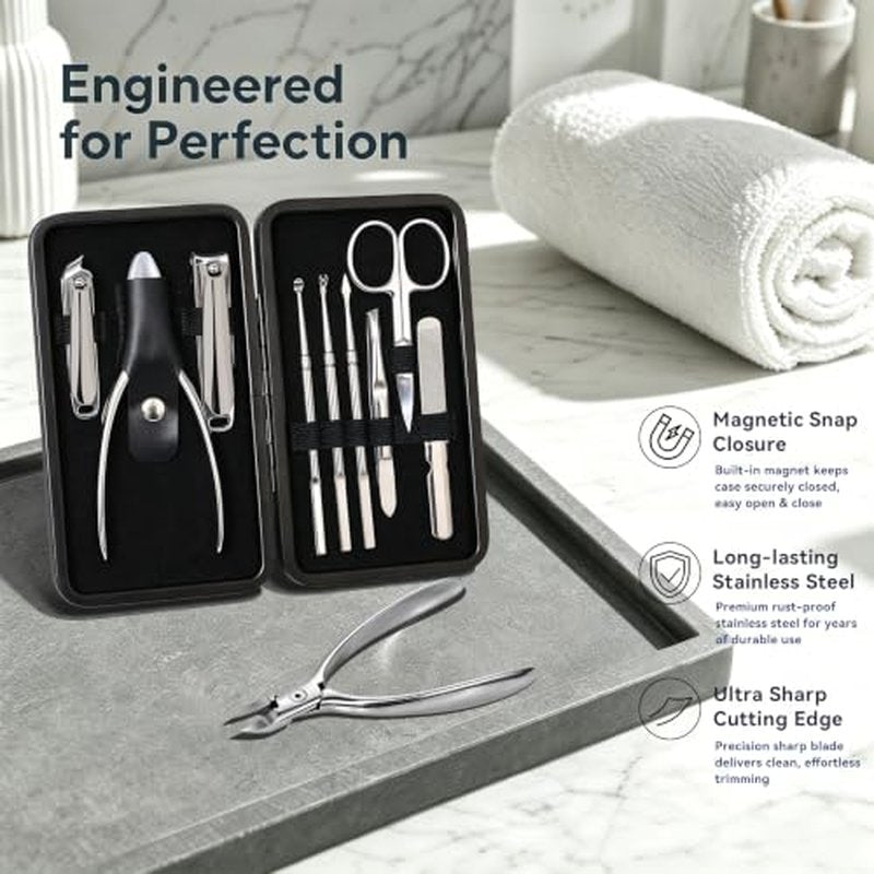 9-in-1 Professional Manicure Pedicure Set - Stainless Steel Grooming Kit with Leather Case
