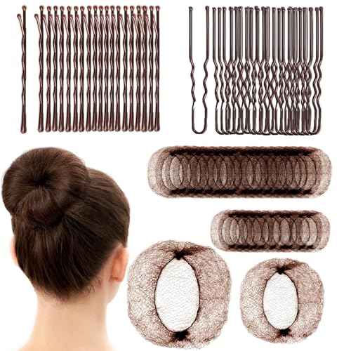 130pcs Hair Nets for Buns Set, 30pcs Dance HairNets(20'' & 12'') for Ballet Girls/Women, Invisible, 100pcs Secure & Natural Bun Bobby Pins(2"), Brown Hair Bun Accessories