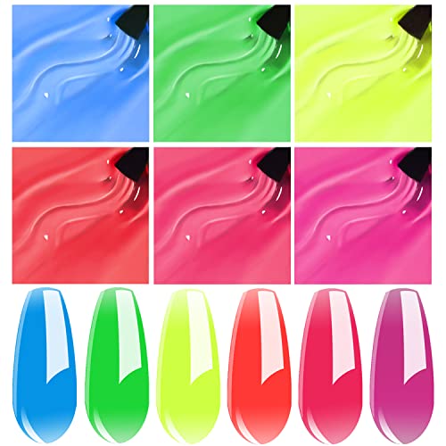 Vishine Jelly Crystal Gel Nail Polish Set Summer-6 Colors Neon Blue Green Yellow Orange Hot Pink Fuchsia Rainbow Neon Gel Polish Kit See Through Nail Trend Gel Nail Art Kit 8ml