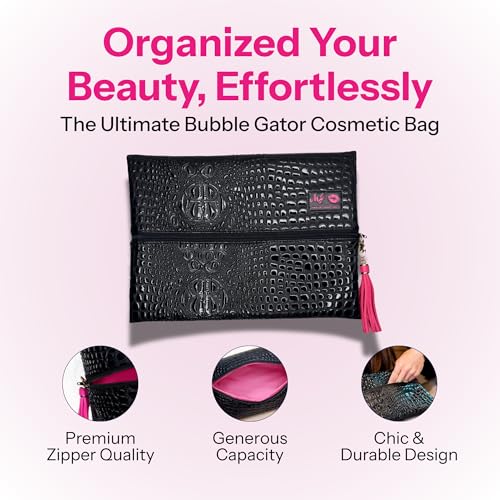 Makeup Junkie Large Makeup Bag - Bubble Gator Onyx - Patented Lay Flat Travel Toiletry Bag for Women - 9.5" x 13" Handmade USA Professional Cosmetic Case